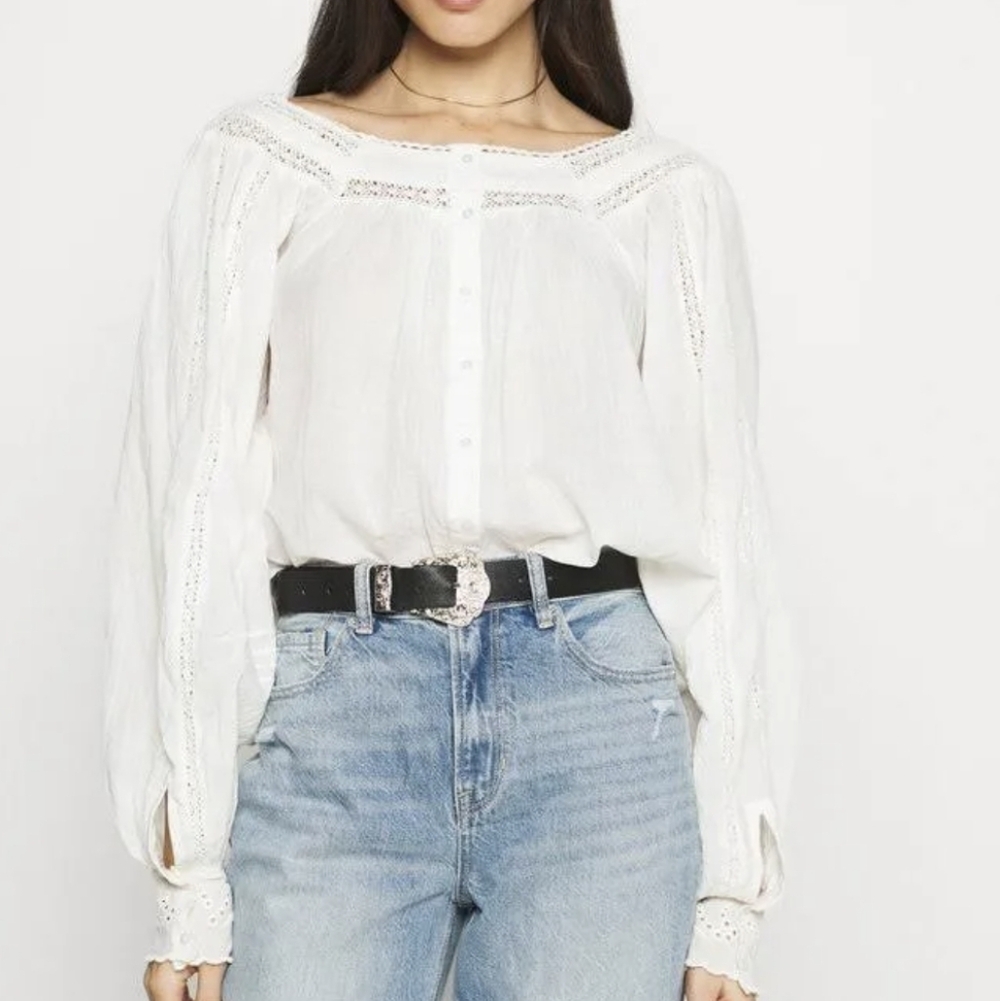 FREE PEOPLE White Cotton Blouse Lace Eyelet Reversible XS